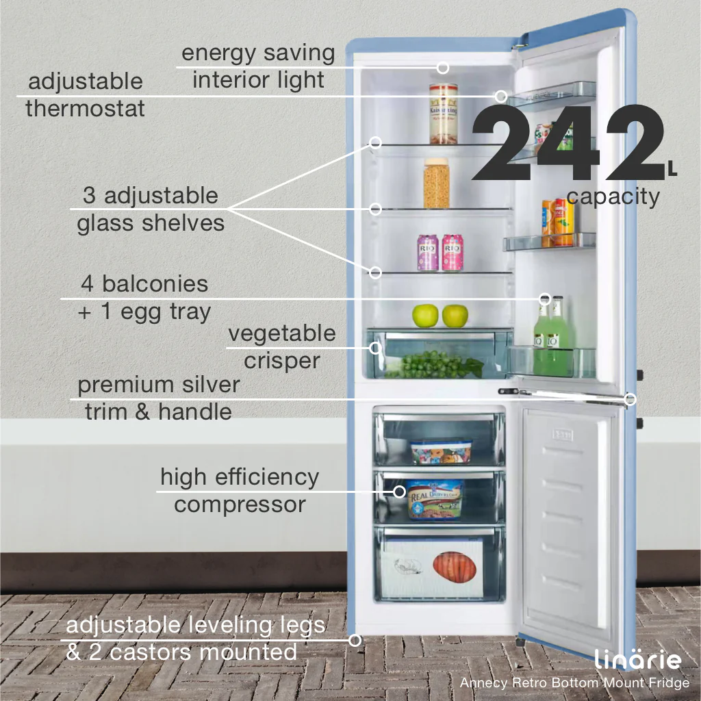 Annecy 242L Retro Bottom Mount Fridge Blue LKCO250BLUE - Image 8
